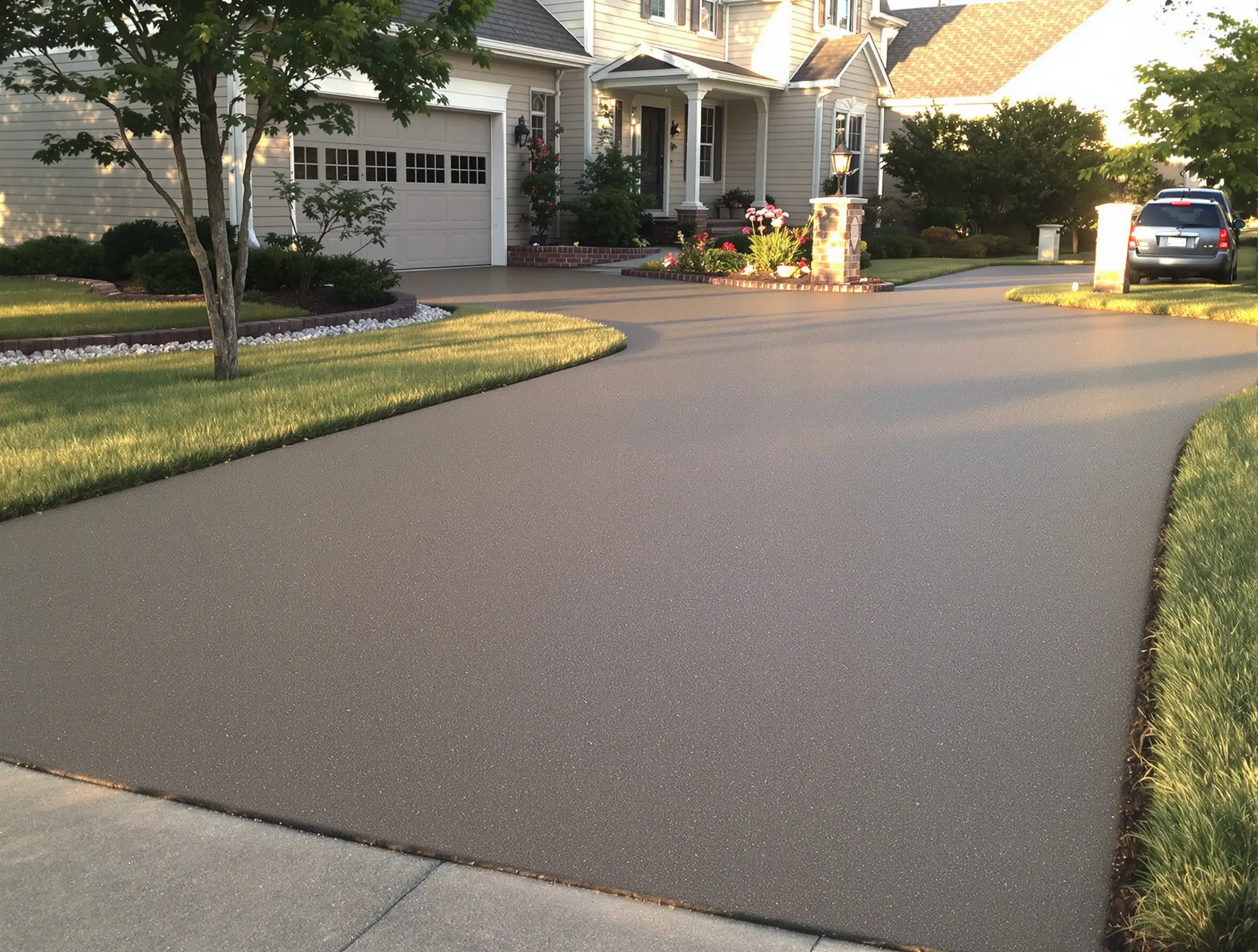 Side angle concrete driveway broom finish — Ford Concrete design idea