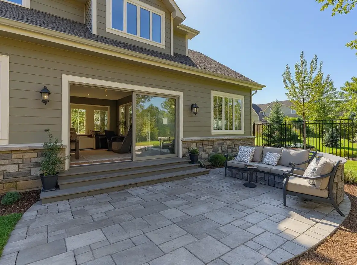 Stamped concrete patio ashlar slate cool grey — Ford Concrete design idea