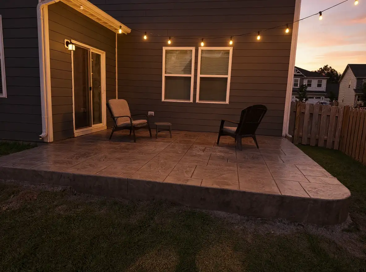 Stamped concrete patio ashlar slate warm brown — Ford Concrete design idea