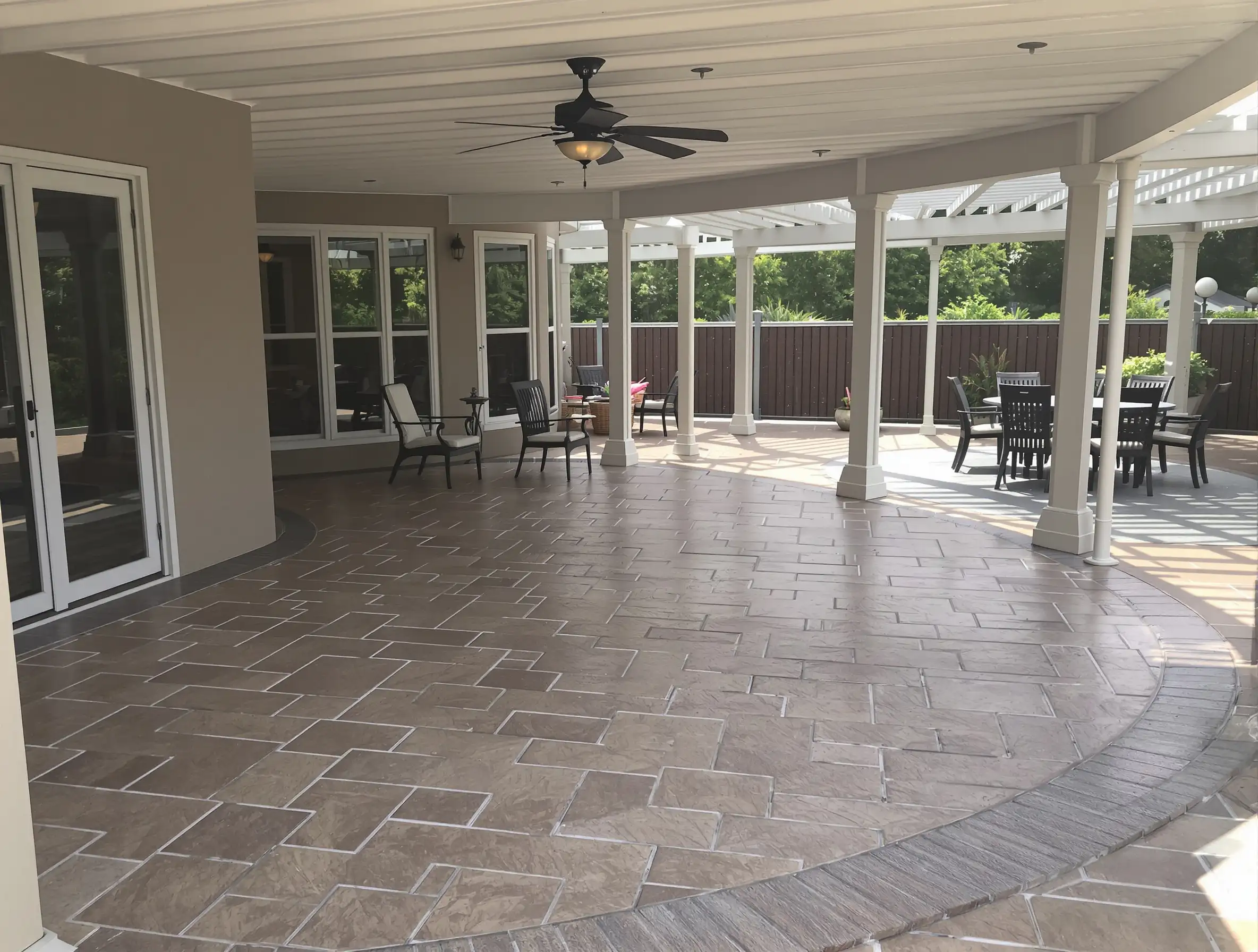 Stamped concrete patio pergola two-tone — Ford Concrete design idea