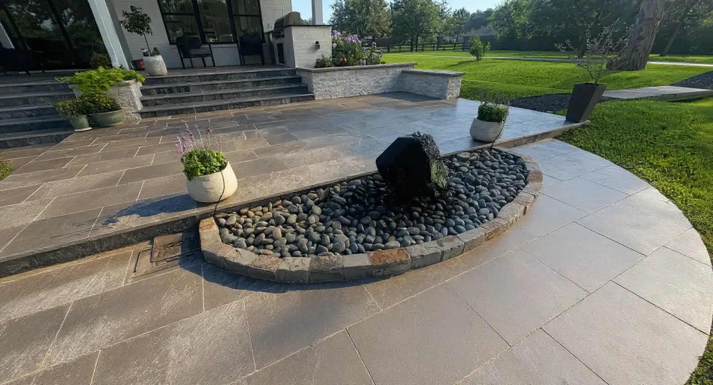 Stunning stamped concrete patio after Ford Concrete transformation — ashlar slate pattern with water feature