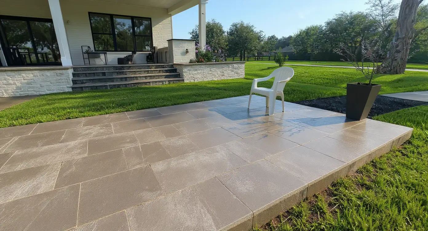 Plain grey concrete patio before decorative treatment — same backyard, boring flat slab