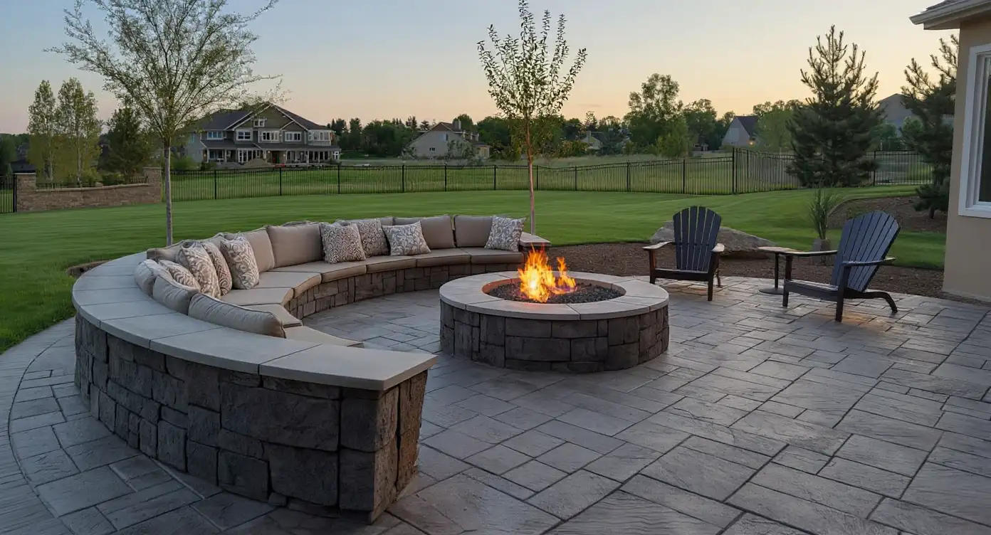 Stamped concrete patio with fire pit — Kansas City