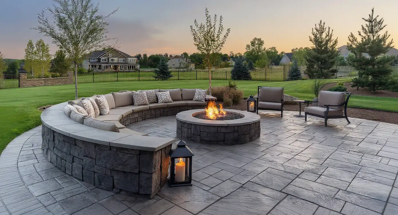 Stunning stamped concrete patio with fire pit at sunset — decorative concrete by Ford Concrete in Kansas City