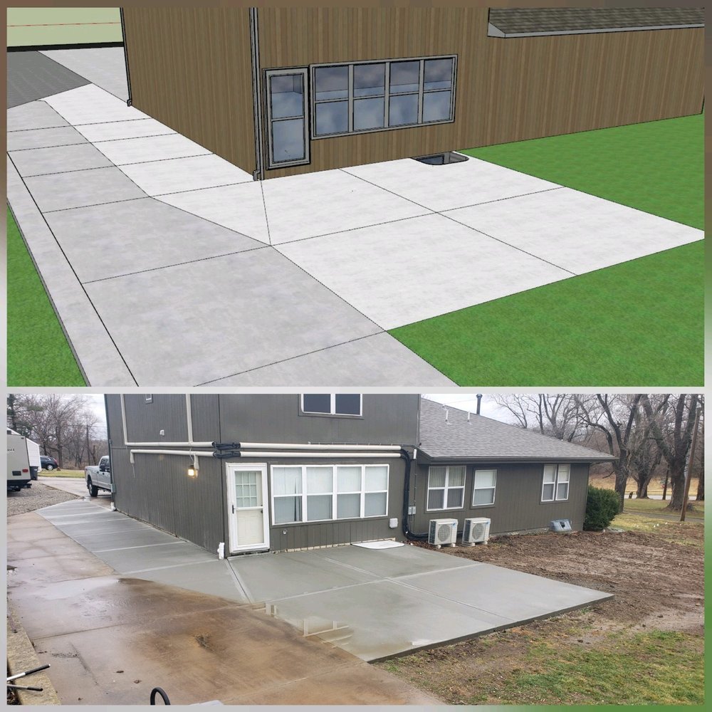 Concrete patio design vs finished Kansas City — 3D render comparison | Ford Concrete