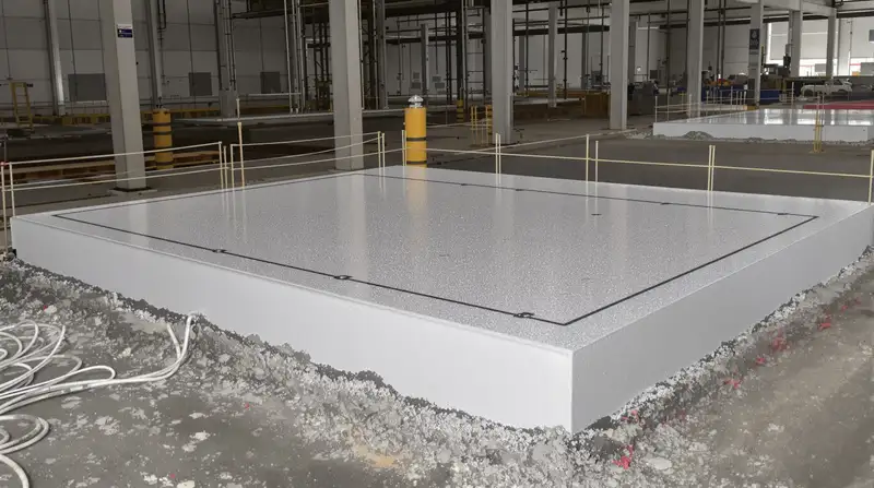 Precision equipment pad foundation with anchor bolt template at a Kansas City industrial construction site — Ford Concrete