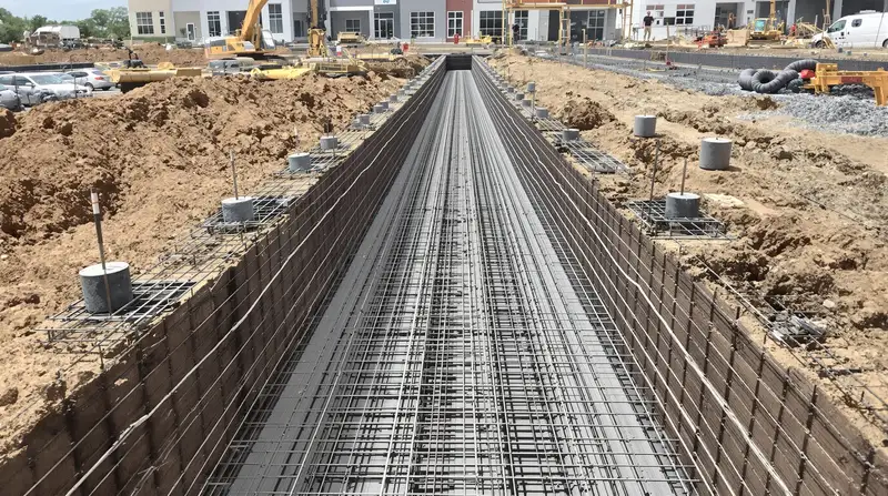 Grade beam foundation under construction with rebar cage and pier caps at a Kansas City commercial site — Ford Concrete