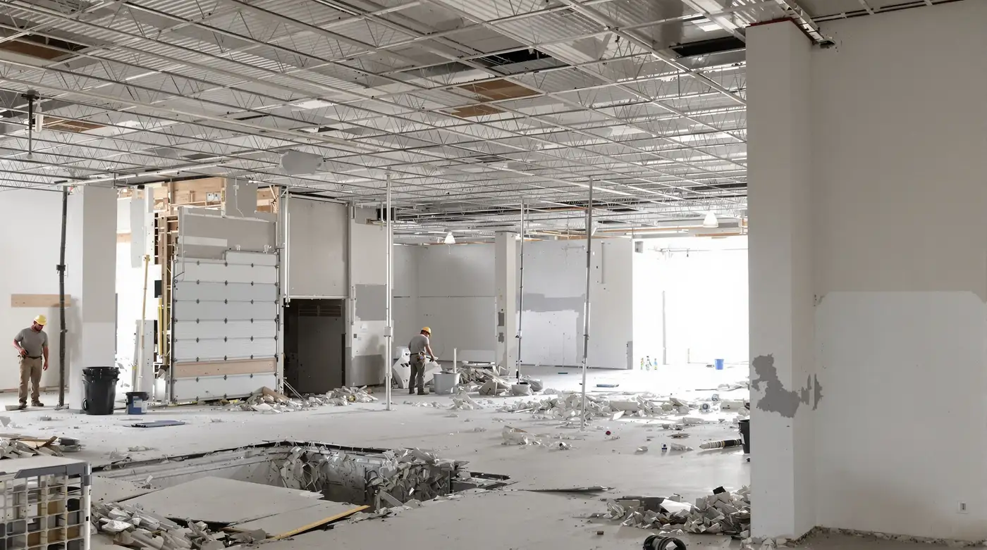Interior of a partially demolished commercial tenant space in Kansas City with exposed ceiling grid, a worker in a hard hat, and preserved adjacent wall