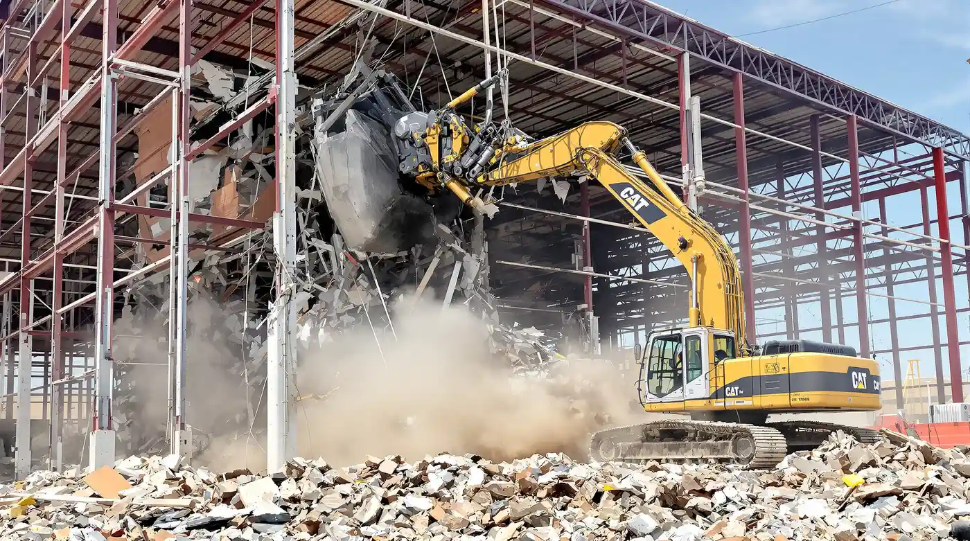 Large excavator with hydraulic demolition shears tearing down a commercial steel-frame building on an active Kansas City demolition site