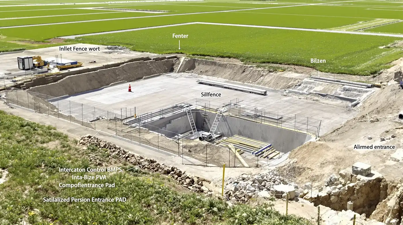 Wide overview of a Kansas City commercial construction site with multiple erosion control BMPs including silt fence, inlet protection, and stabilized entrance