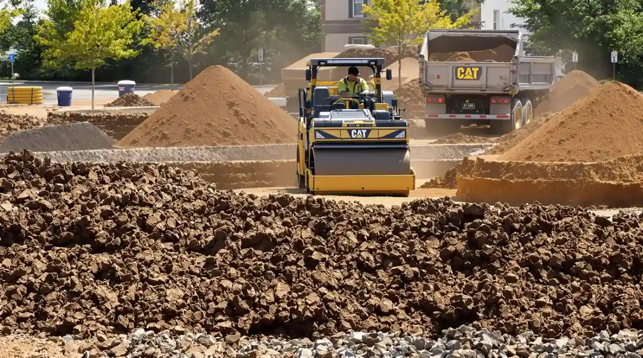 Vibratory smooth-drum roller compacting structural backfill in lifts on a Kansas City commercial site with dump truck staging fill material
