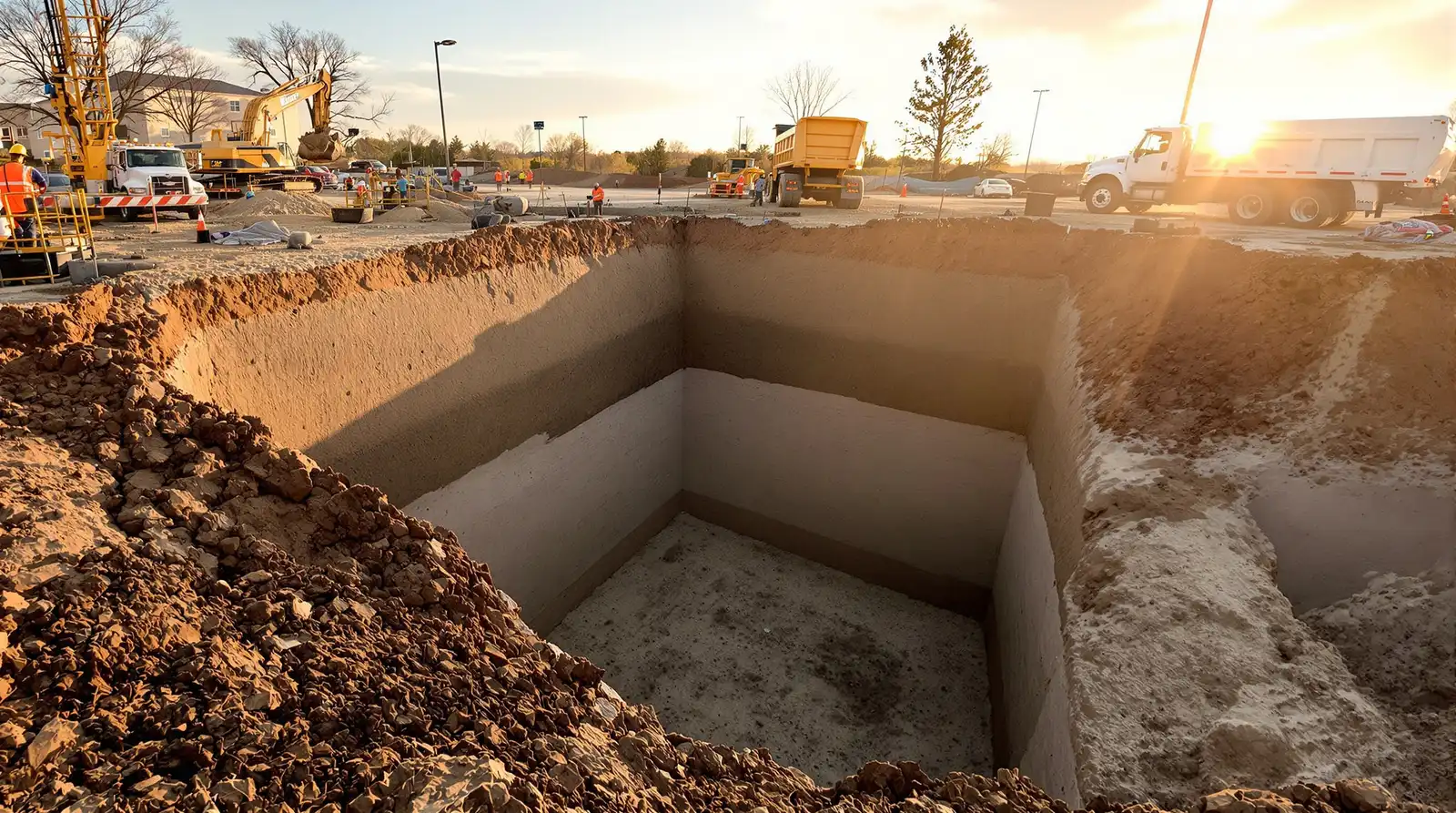 Deep commercial foundation excavation in Kansas City with a tracked excavator digging exposed clay walls and loading a dump truck