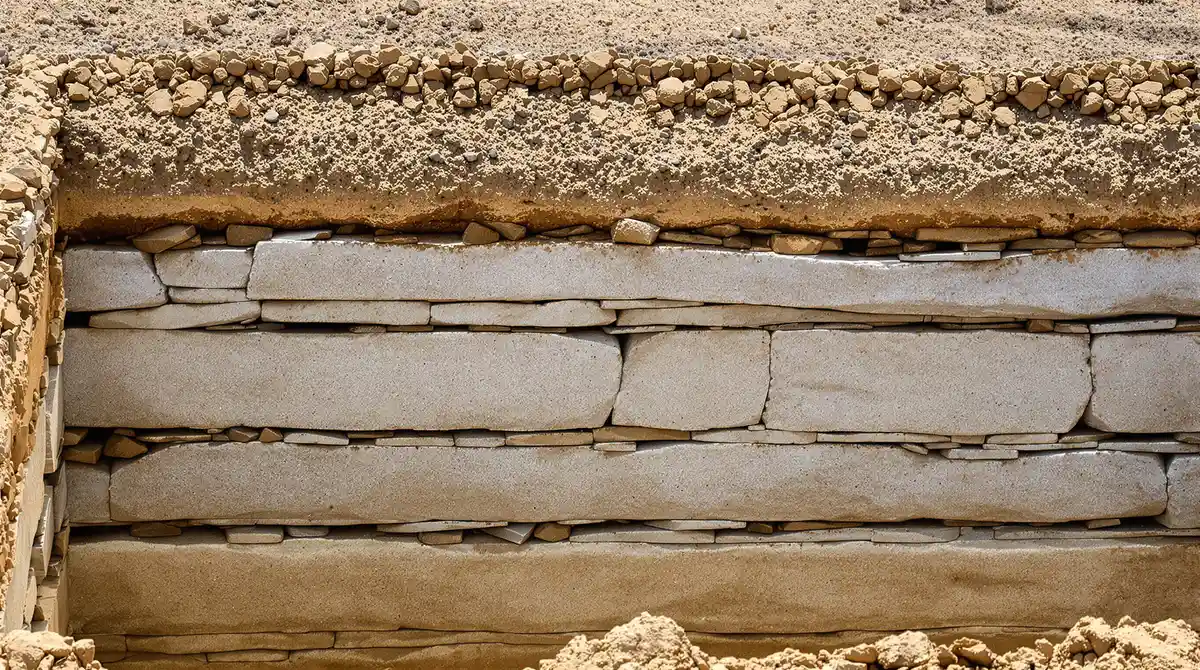 Exposed limestone bedrock layer in a shallow commercial excavation in southern Johnson County Kansas, with layered sedimentary rock visible in the cut face