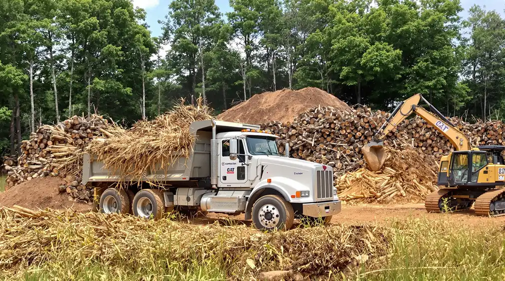 Fully loaded dump truck leaving a Kansas City clearing site with large staged brush piles and tracked equipment in the background