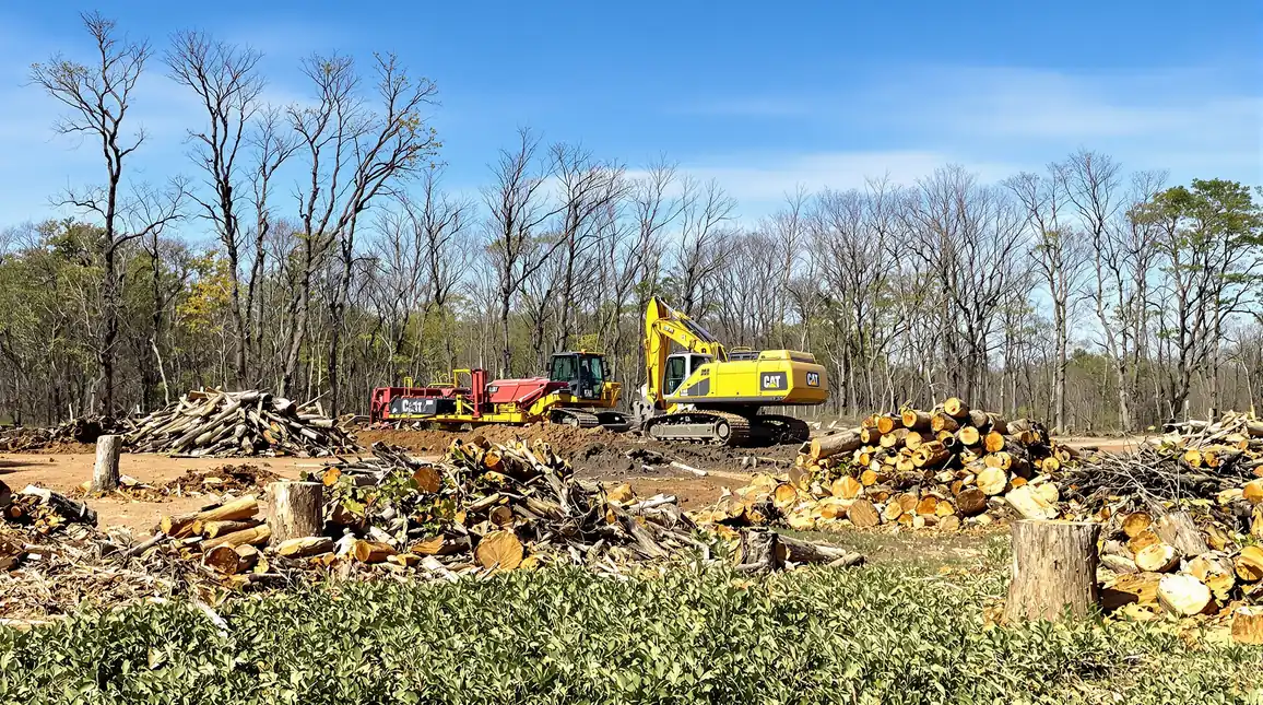 Wide photograph of a large land clearing operation with tracked heavy equipment pushing brush on a Kansas City suburban lot