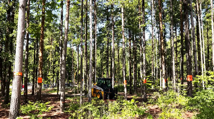 Skid steer working between tall preserved trees on a partially cleared wooded lot in Kansas City with orange flagging tape marking saved trees