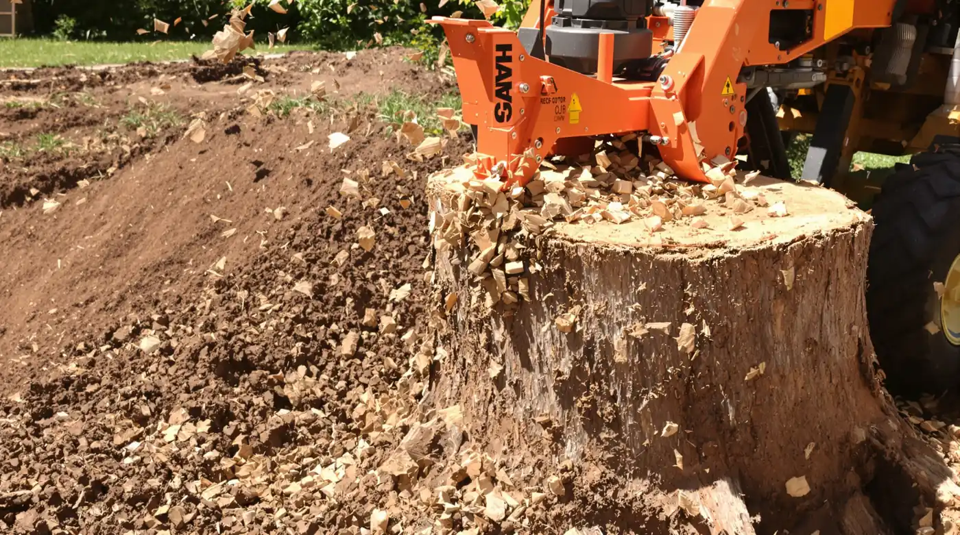 Heavy stump grinder attachment working on a large tree stump with wood chips flying on a Kansas City clearing site
