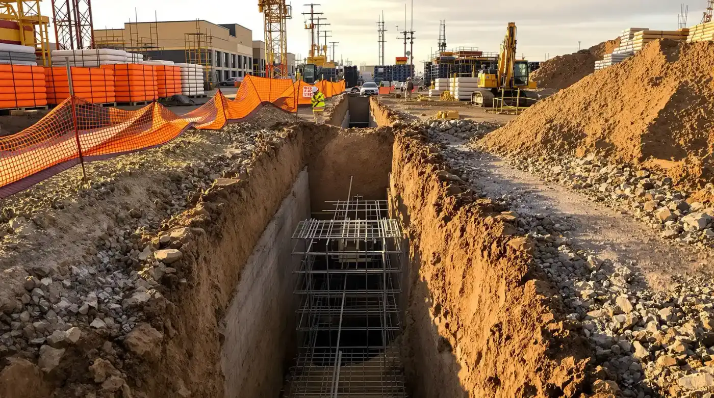 Wide view of a commercial utility trenching operation in Kansas City with a steel trench box in place and an excavator at the trench edge