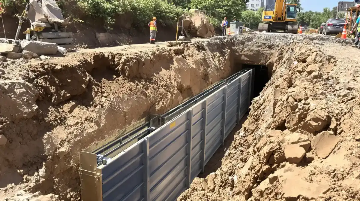 Steel trench box in an open commercial utility trench with a worker inside wearing hard hat and hi-vis vest at a Kansas City construction site