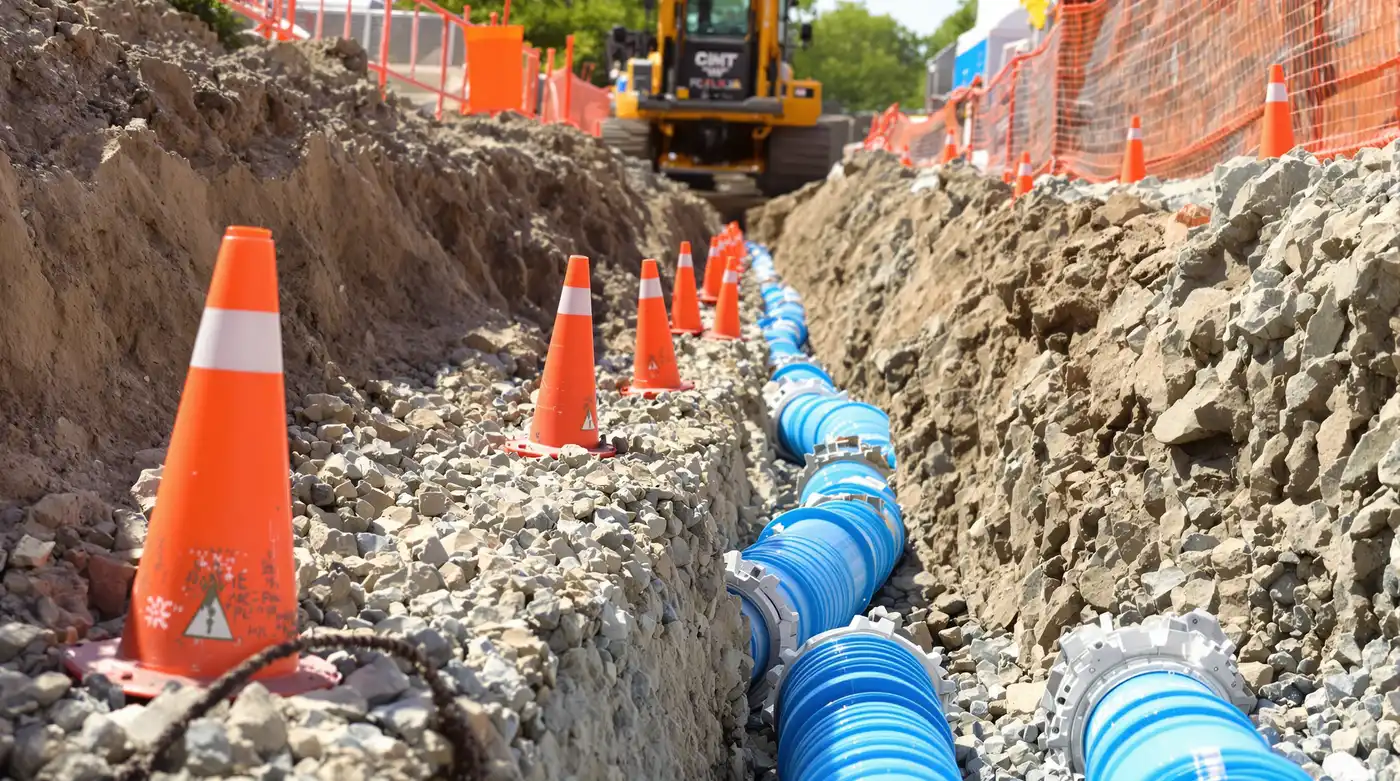 Open utility trench with blue PVC water pipe laid on gravel bedding at a Kansas City commercial construction site with orange locate flags along the trench